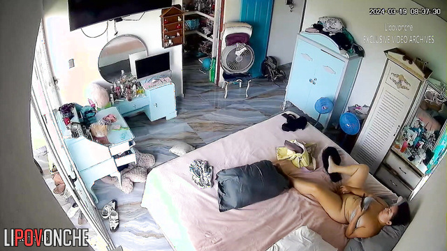 Fat brunette without panties masturbating in the bedroom