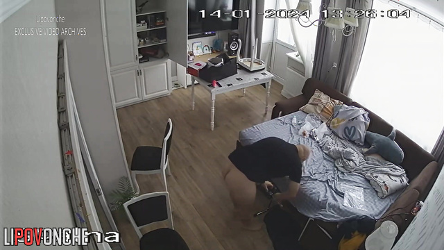 Bedroom video - bald guy walking around the apartment with an erect penis