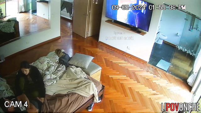 Shy brunette making handjob to her stepfather during tv watching