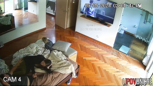 Shy brunette making handjob to her stepfather during tv watching