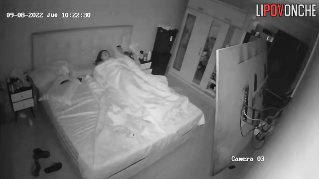 MILF jerks off man and couple fucks on bed in dark bedroom