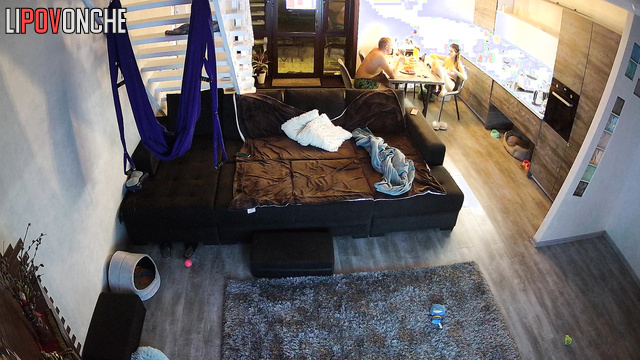 The couple fucked on the couch and sat down to dinner