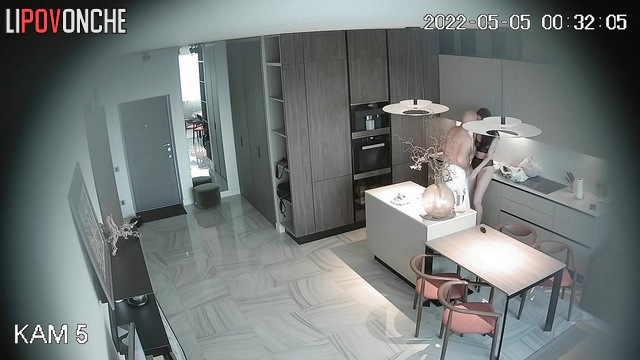 Skinny brunette sucks her man in the kitchen in her underwear