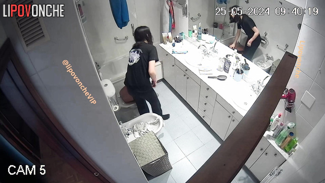 Morning routine with cute peeing of young & skinny brunette