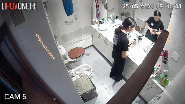 Morning routine with cute peeing of young & skinny brunette