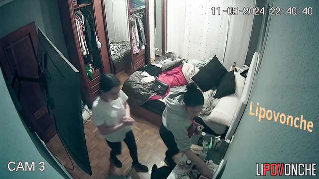 Busty lesbian dressing after hot sex with her skinny partner