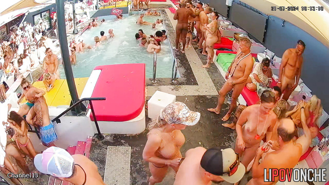 Slutty lady sucking stranger's dick right in the pool