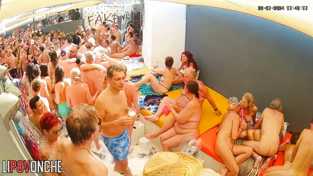 Hot adult party - naked people chilling near a pool