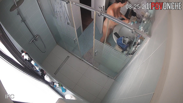 Brunette uses the toilet in the bathroom and takes care of herself