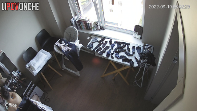Busty woman is going to stroke his socks, hidden camera