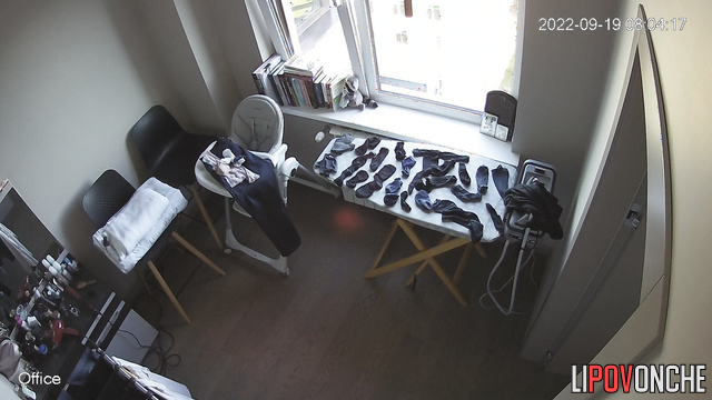 Busty woman is going to stroke his socks, hidden camera