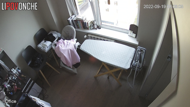 Busty woman is going to stroke his socks, hidden camera