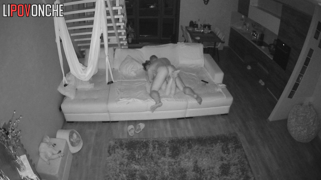 Skinny couple enjoying fast sex in the night living room