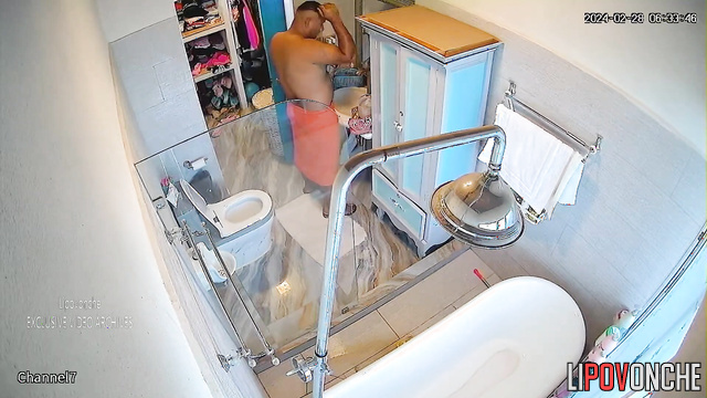 Chubby brunette taking shower and getting happy