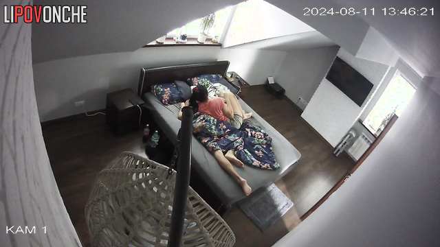 Fucked a skinny brunette on the bed in her clothes