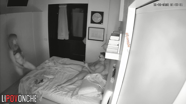Guy in glasses jerking off before sex with his woman