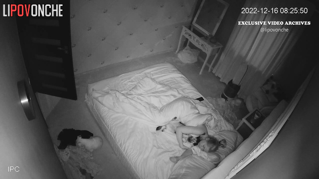 Pretty blonde sleeping sweet with her dogs, bedroom tape