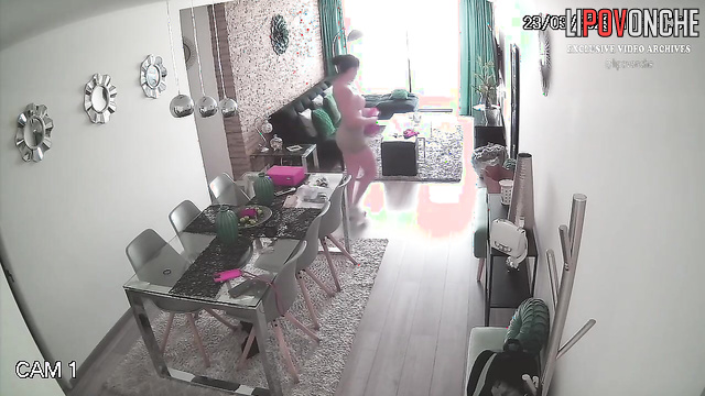 Lonely brunette is waiting for her fucker in the living room