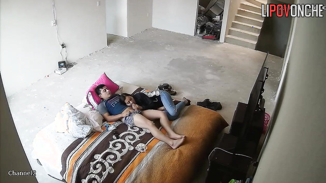 Moaning in the huge living room (live spy video)
