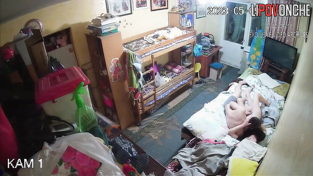 Skinny brunette jumping on a cock in the hostel