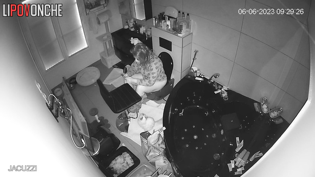 Chubby lady peeing and playing with her funny cats