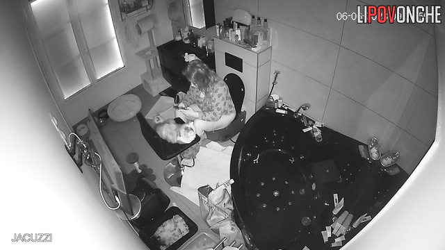 Chubby lady peeing and playing with her funny cats