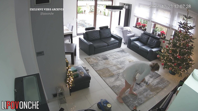 Cleaning scenes in the huge living room with blonde