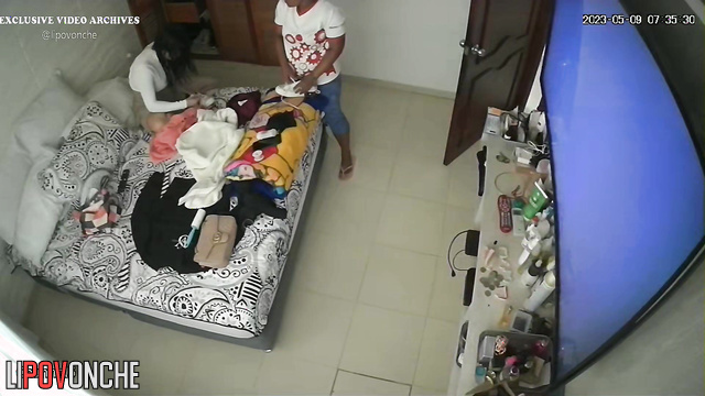 Cool scene in the bedroom - she is dressing and being watched