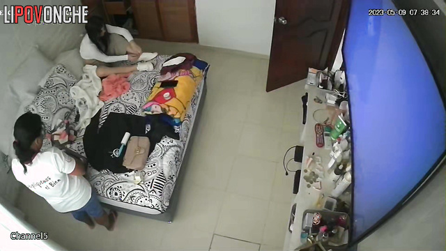 Cool scene in the bedroom - she is dressing and being watched