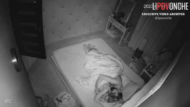 Bearded guy versus sexy blonde (they are in the bed)