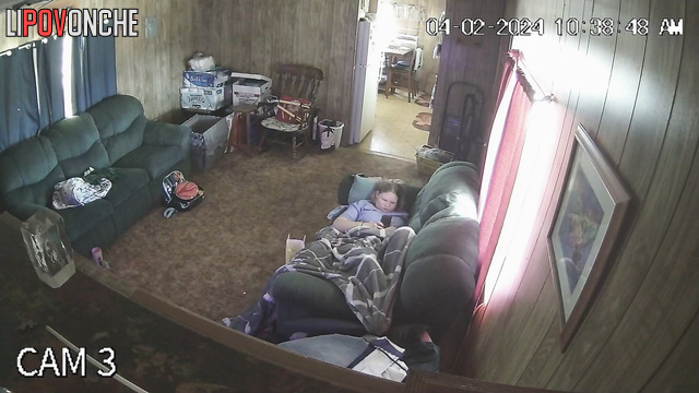 Blonde chatting with friend lying on the sofa, hidden video