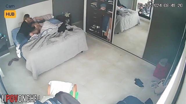 Blonde and brunet enjoying blowjob in the bedroom