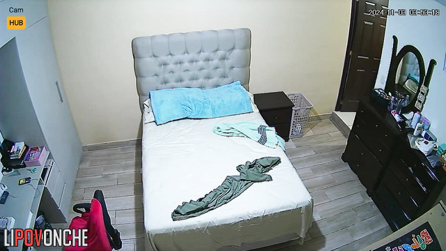 Bedroom hidden tape - skinny brunette dressing on