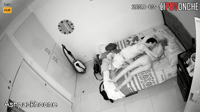 Skinny husband licking small tits his wife, bedroom scenes