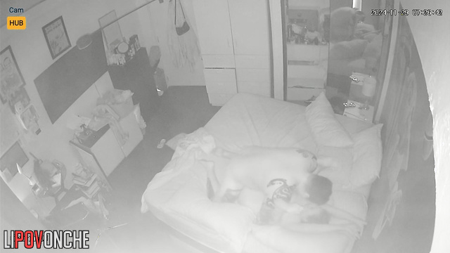 Tattooed couple kissing and hugging during sex, hidden cam