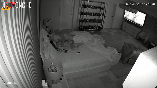 Brunette making him oral pleasure during tv watching