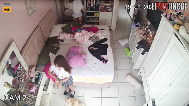 Young woman tries to do her daily routine while three another relatives interrupting her