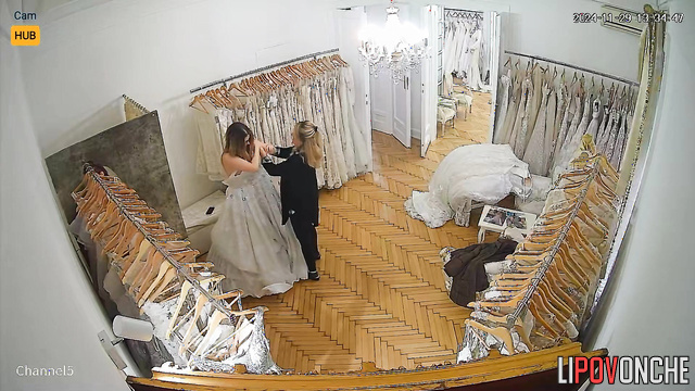 Bride picks dress for her wedding and you can see her boobs