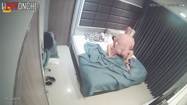 The bald man actively fucked his busty wife and came on her palm