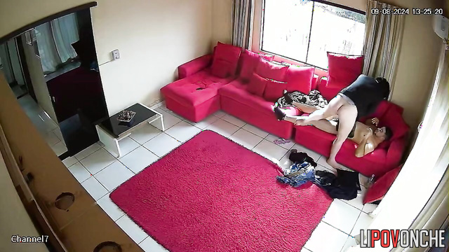 Amazing sex between horny spouses on the old red sofa
