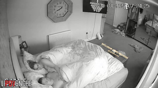 A chubby husband and his tattooed wife wake up early in the morning completely naked