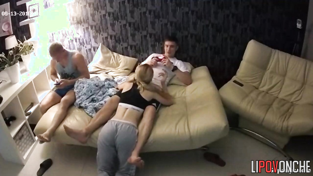 Blonde sucking stranger's cock and her boy watching it