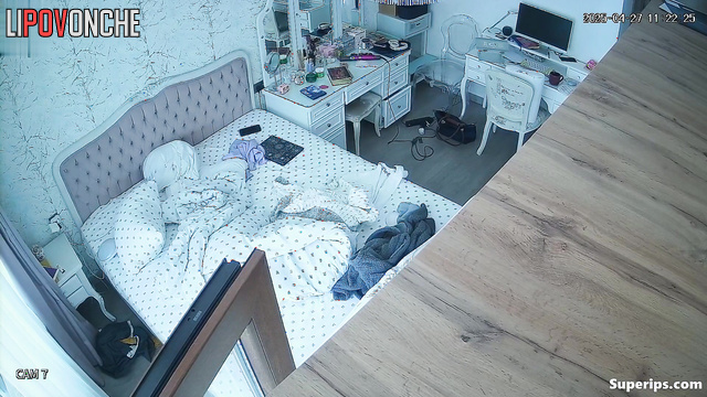 Sad girl dressing slowly / bedroom hidden camera, watch