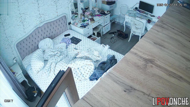 Sad girl dressing slowly / bedroom hidden camera, watch