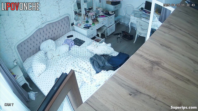 Sad girl dressing slowly / bedroom hidden camera, watch