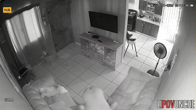 Bald and naked guy fucking his girl on a leather sofa