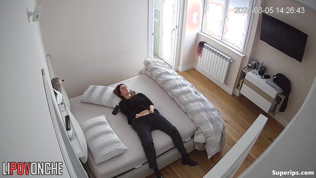 Naughty girl likes lesbian porn - her pussy reacts with strong orgasm