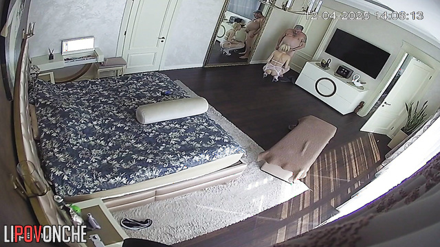 Blonde in sexy lingerie bows down to her husband to take his cock in her mouth