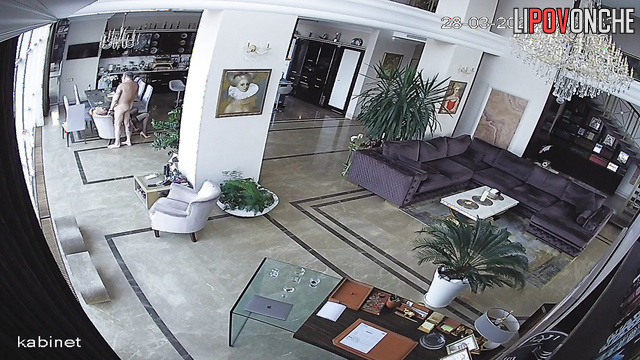 A fat rich man fucked a seductive blonde right in the lobby of his mansion
