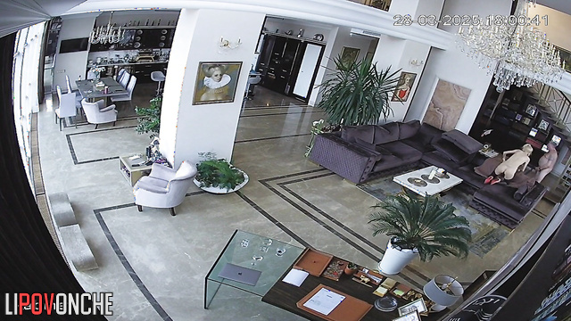 A fat rich man fucked a seductive blonde right in the lobby of his mansion